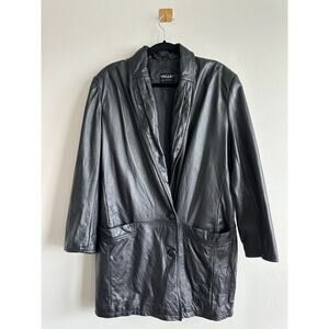 Vintage 90s Pelle Black Leather Blazer Coat Tailored Long Leather Jacket Size M